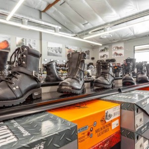 Shelves of motorcycle boots and shoes